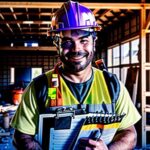 construction worker holding a hard hat and a clipboard in front of a house under construction