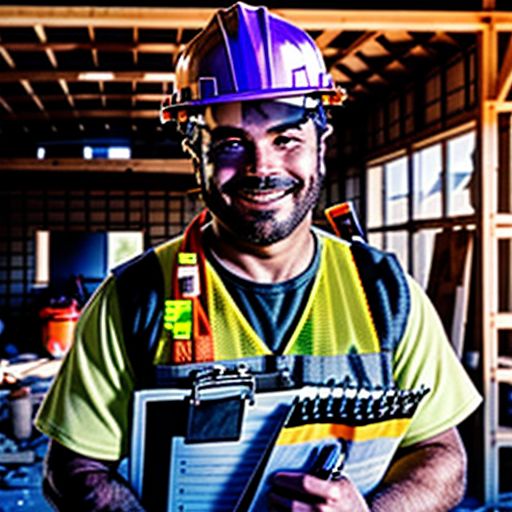 construction worker holding a hard hat and a clipboard in front of a house under construction